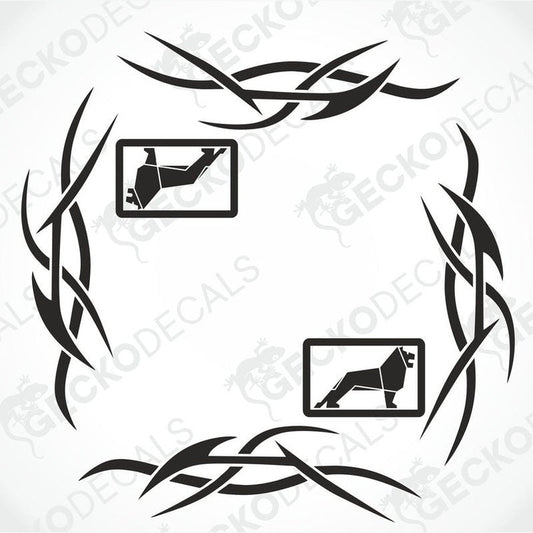 A set of two black side window decals for a truck, with a geometric and tribal pattern design, including the letters 'MAN'.