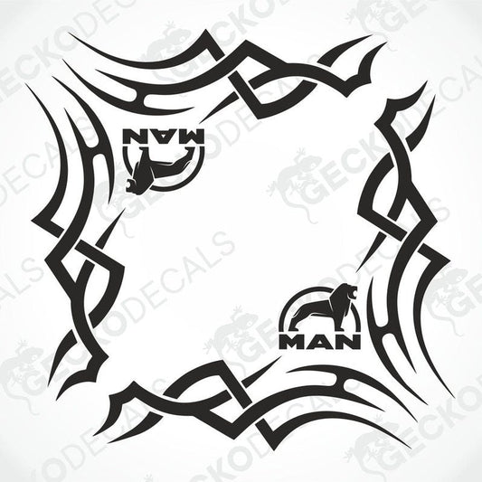 A set of two black side window decals for a truck, with a geometric and tribal pattern design, including the letters 'MAN'.
