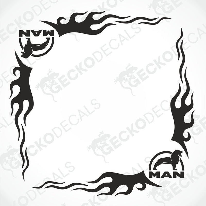 A set of two black side window decals for a truck, with a geometric and tribal pattern design, including the letters 'MAN'.