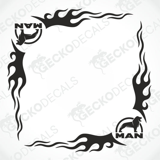 A set of two black side window decals for a truck, with a geometric and tribal pattern design, including the letters 'MAN'.