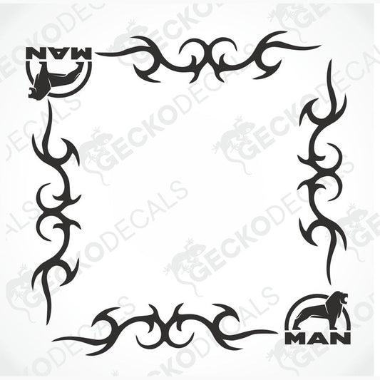 Black MAN tribal side window decals with lion and man logo designs for truck interior or exterior