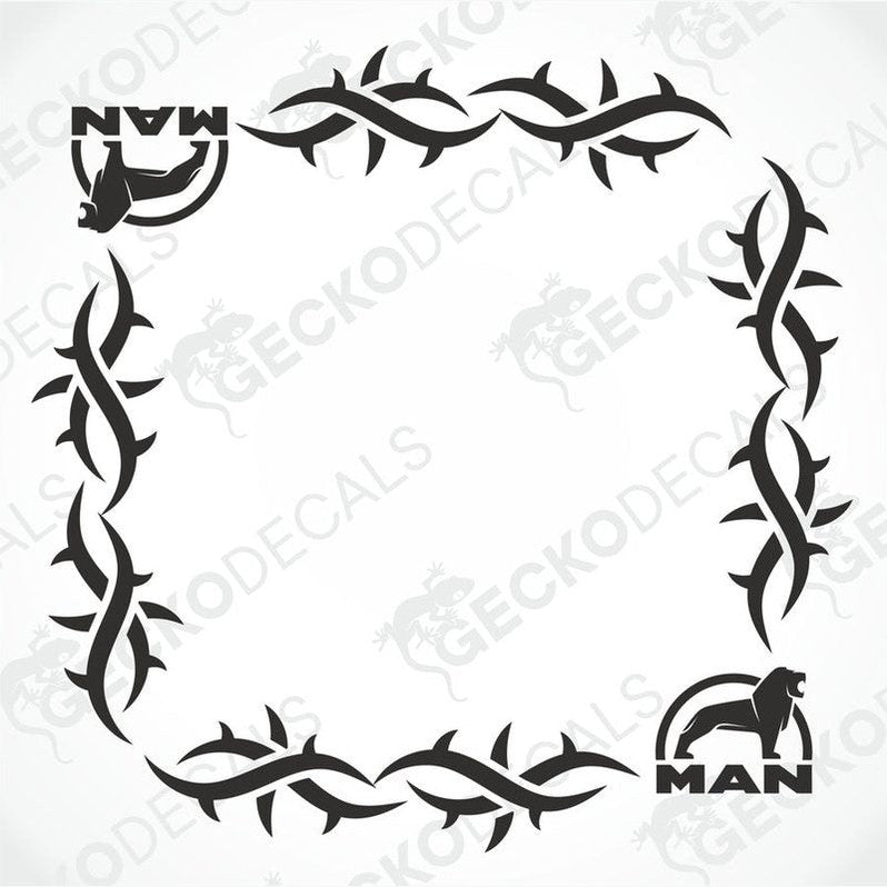 MAN truck tribal side window decal with thorny vine border and lion fish logos
