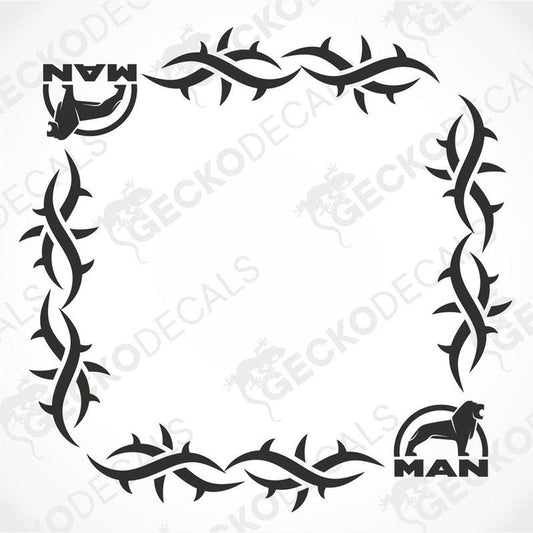 MAN truck tribal side window decal with thorny vine border and lion fish logos