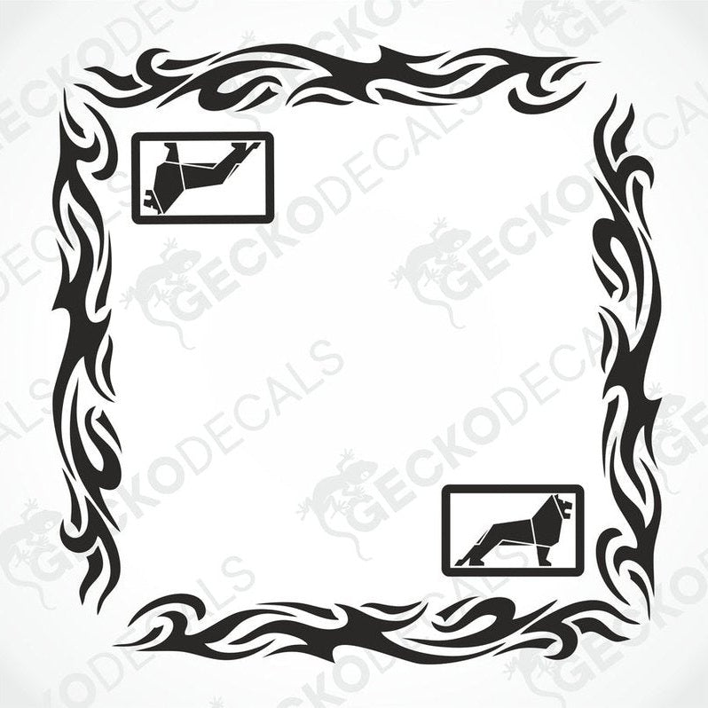 A set of two black and white die cut decals for vehicle side windows, featuring tribal patterns with images of a bird and a fish.