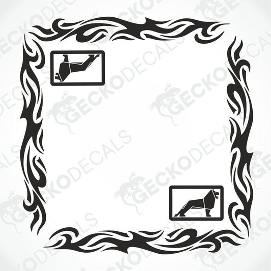 A set of two black and white die cut decals for vehicle side windows, featuring tribal patterns with images of a bird and a fish.