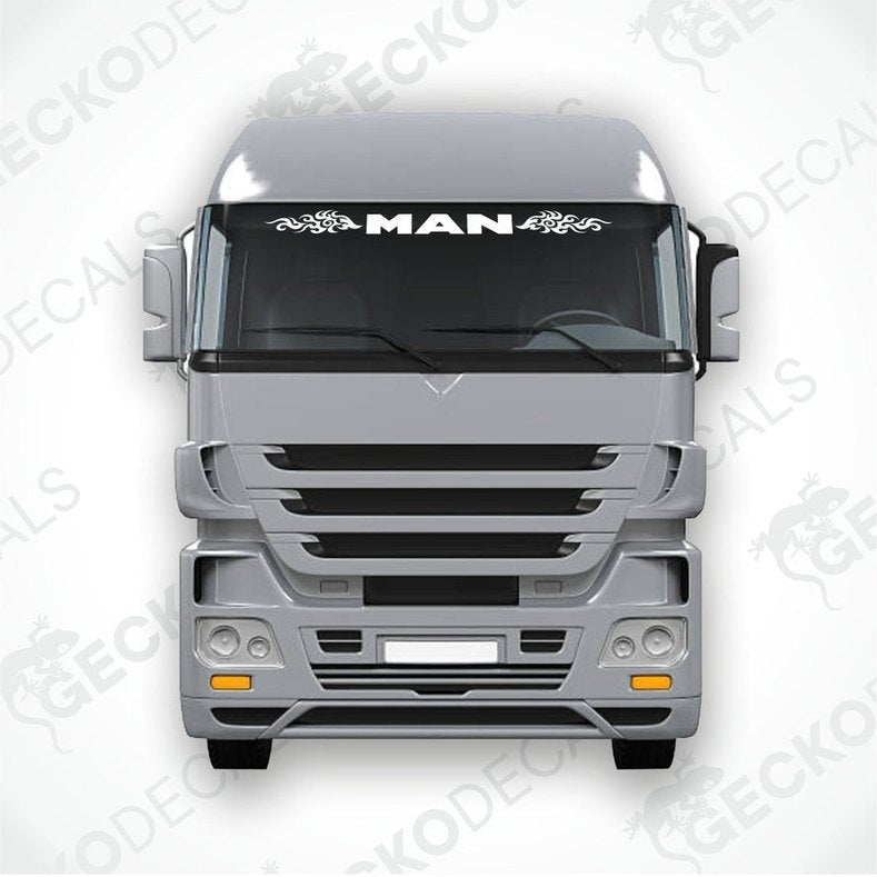 A die cut decal with the text 'MAN' and tribal pattern design intended for use on a truck windscreen.