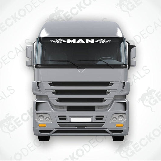 A die cut decal with the text 'MAN' and tribal pattern design intended for use on a truck windscreen.