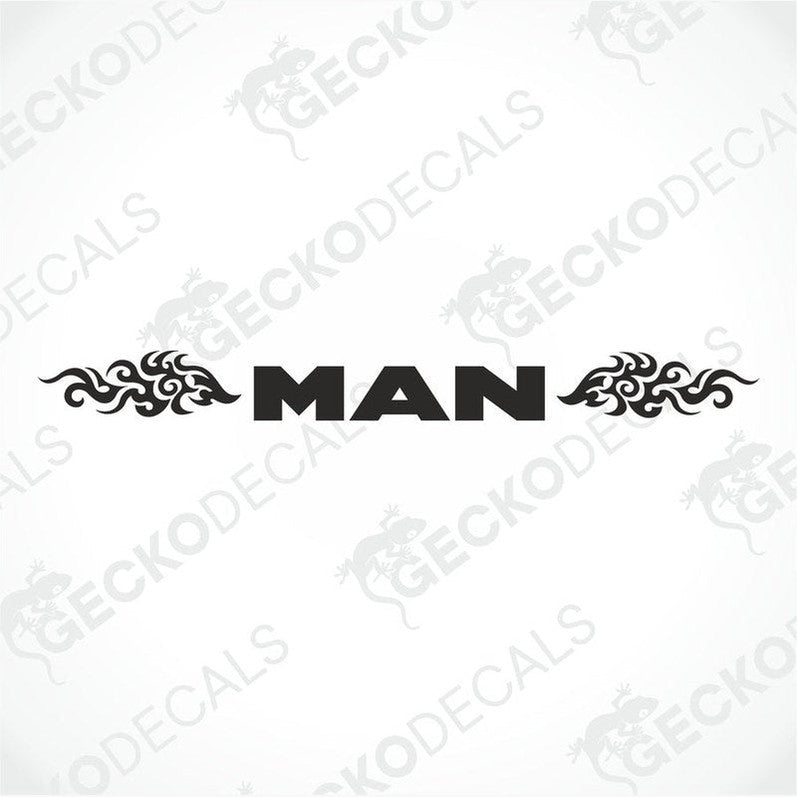 A die cut decal with the text 'MAN' and tribal pattern design intended for use on a truck windscreen.