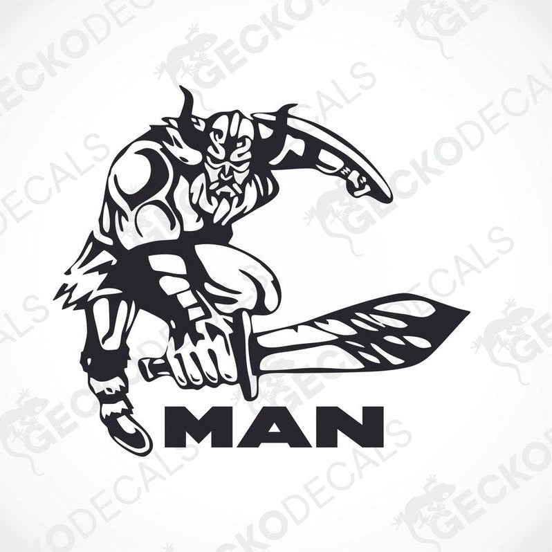A black and white decal featuring a Viking warrior holding a sword, with the word 'MAN' printed at the base.