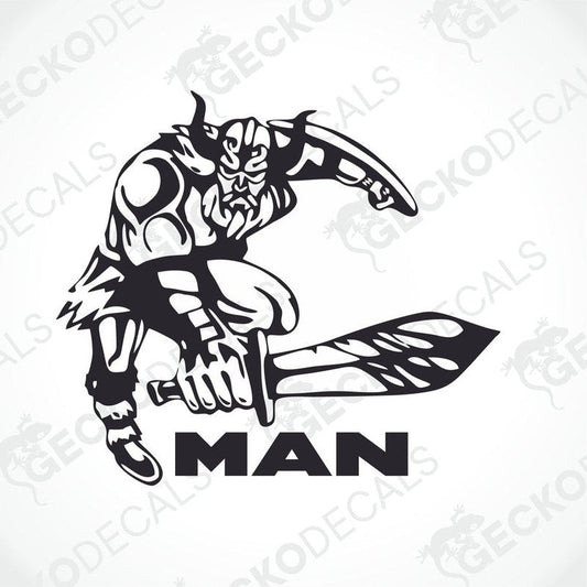A black and white decal featuring a Viking warrior holding a sword, with the word 'MAN' printed at the base.