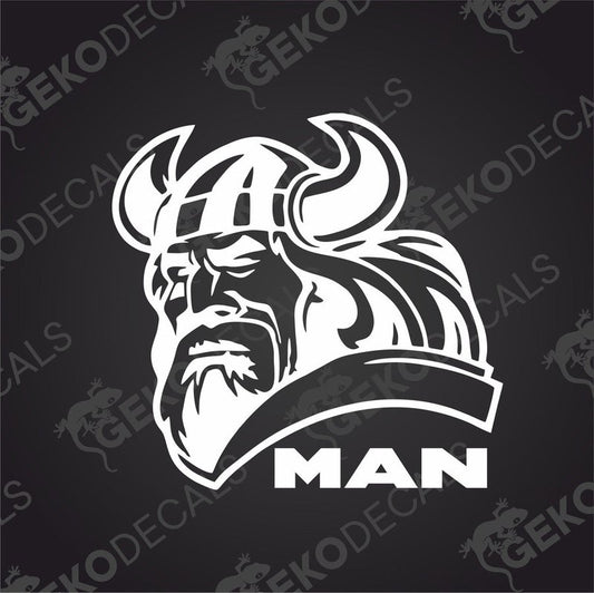 A black and white sticker of a Viking helmet with the word 'MAN' below it.