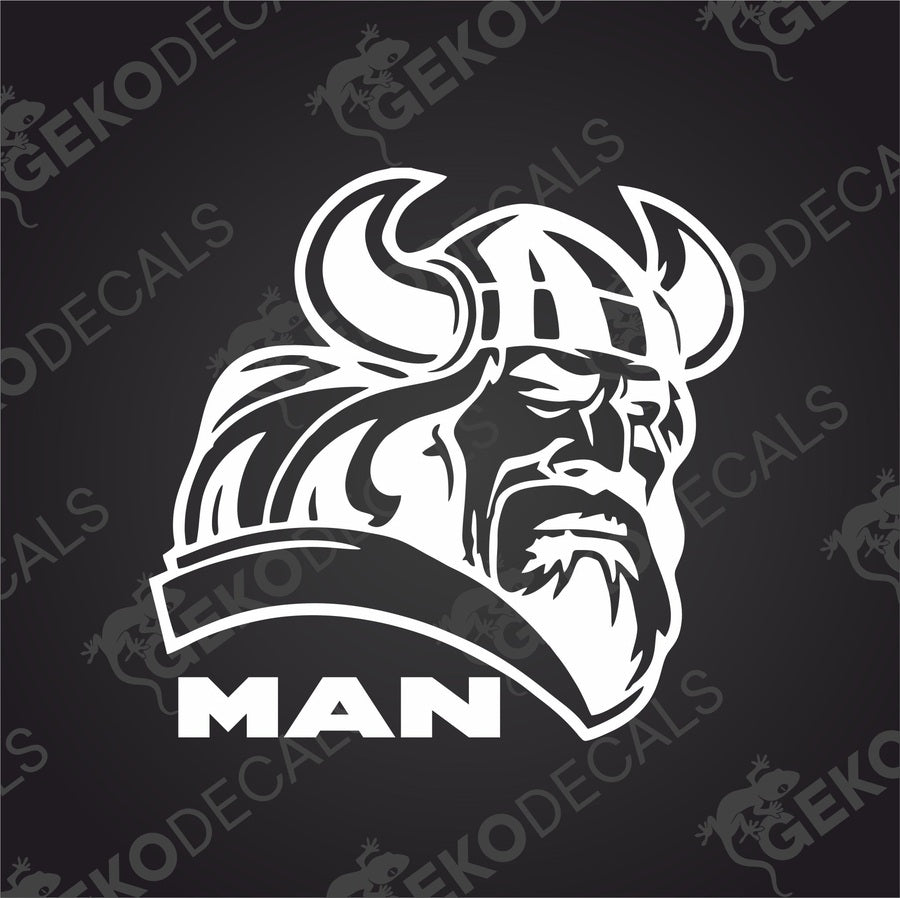 A black and white sticker of a Viking helmet with the word 'MAN' below it.
