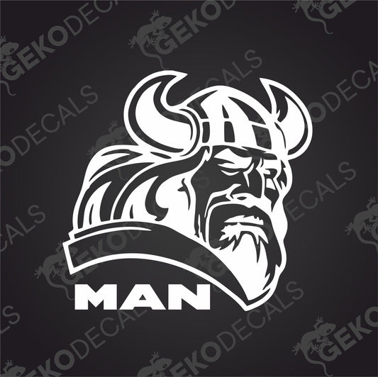 A black and white sticker of a Viking helmet with the word 'MAN' below it.