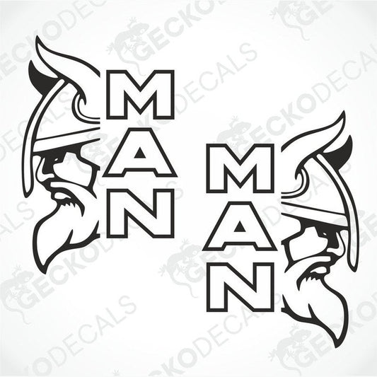 Two black and white stickers with a Viking helmet design and the word 'MAN' written below it.