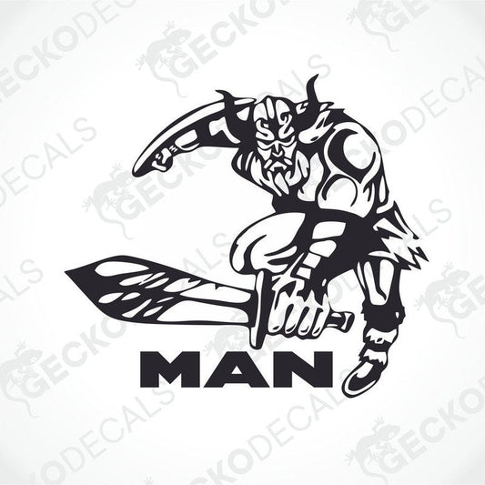 A sticker decal of a Viking character with a sword, designed for use on vehicles.