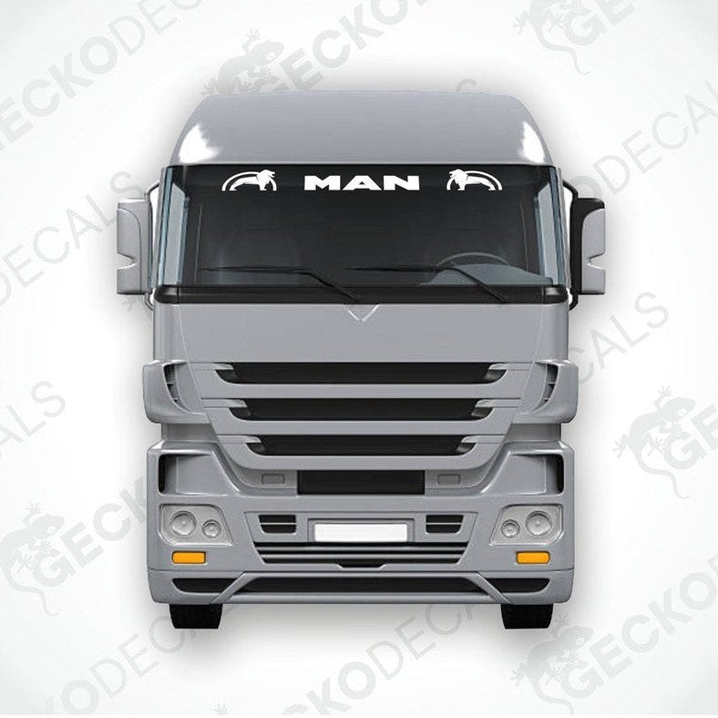 A front view of a MAN truck windscreen with a die cut decal on it.