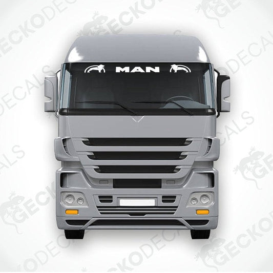 A front view of a MAN truck windscreen with a die cut decal on it.