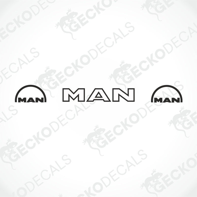 A front view of a truck with a 'MAN' brand decal on the windscreen.