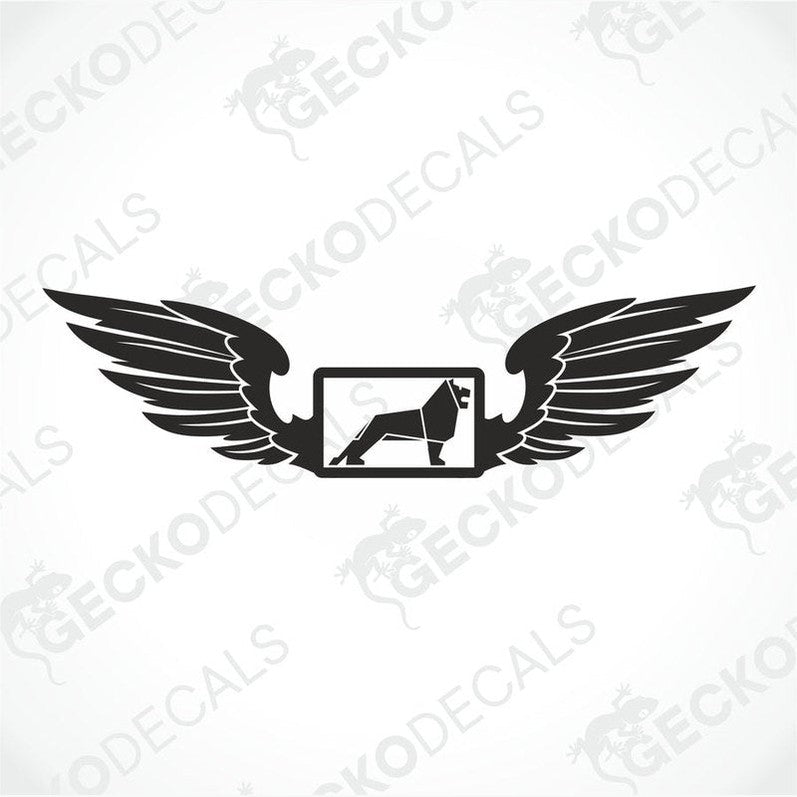 A black and white decal of a stylized man's wings with a logo or text in the center.