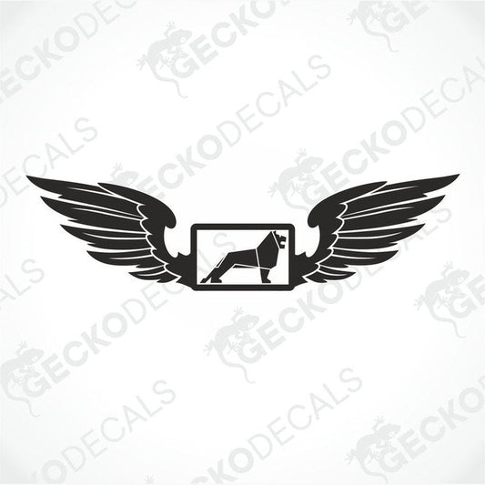A black and white decal of a stylized man's wings with a logo or text in the center.
