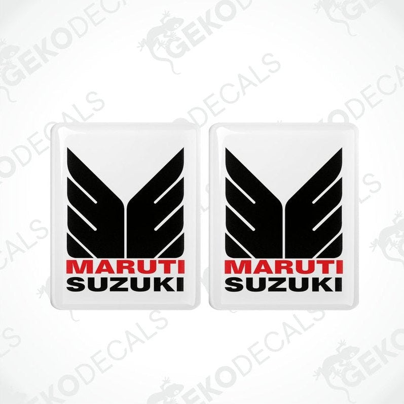 Two rectangular vinyl decals with the MARUTI SUZUKI logo in black and red on a white background.