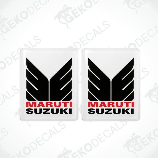 Two rectangular vinyl decals with the MARUTI SUZUKI logo in black and red on a white background.