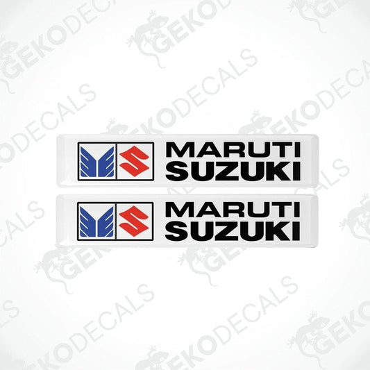 Two white vinyl stickers with the MARUTI SUZUKI brand logo in red and blue.