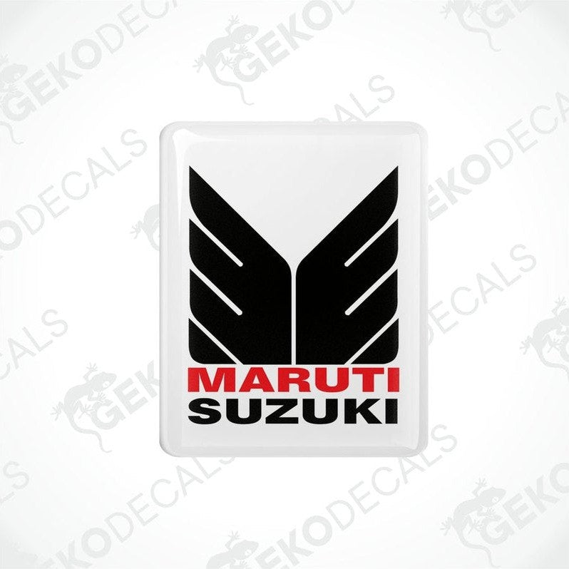 Rectangular vinyl decals with the MARUTI SUZUKI logo in black and red on a white background.
