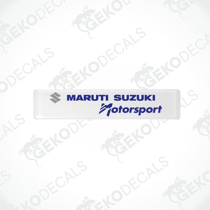  White vinyl stickers with the MARUTI SUZUKI logo and the slogan 'MOTORSPORT' printed in blue .