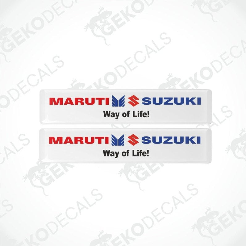 Two white vinyl stickers with the MARUTI SUZUKI logo and the slogan 'WAY OF LIFE!' printed in blue and red.