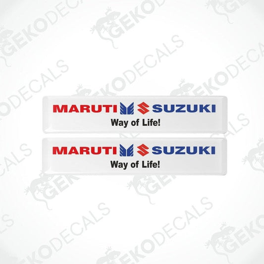 Two white vinyl stickers with the MARUTI SUZUKI logo and the slogan 'WAY OF LIFE!' printed in blue and red.