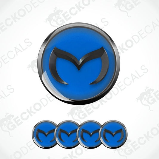 Blue and silver Mazda logo decal on a white background with 'GECKODECALS' watermark.