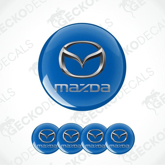 Mazda logo on a blue background with additional logos below.
