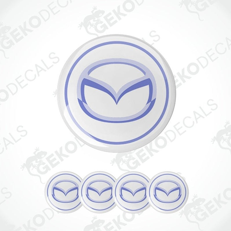 A set of four blue and white vinyl decals with the Mazda logo.