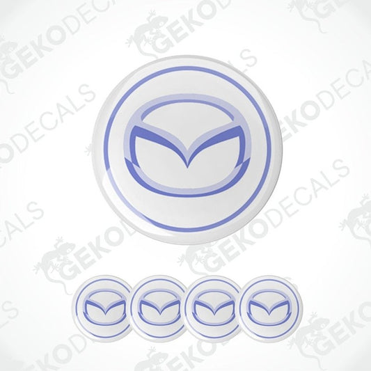 A set of four blue and white vinyl decals with the Mazda logo.