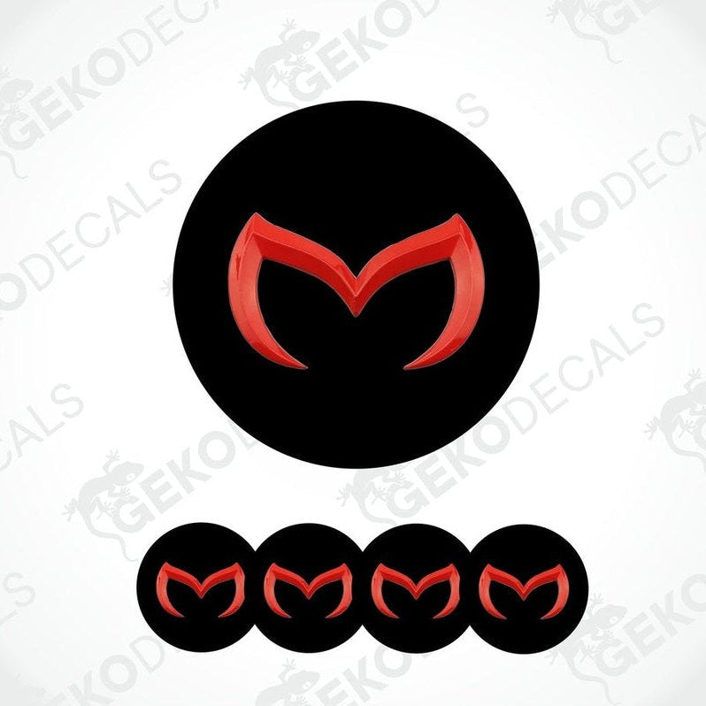 Set of four black and red Mazda car wheel decals and one emblem decal.
