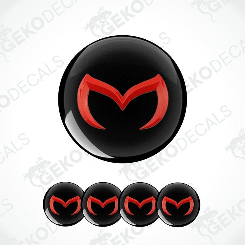 Set of four black and red Mazda car wheel decals and one emblem decal.