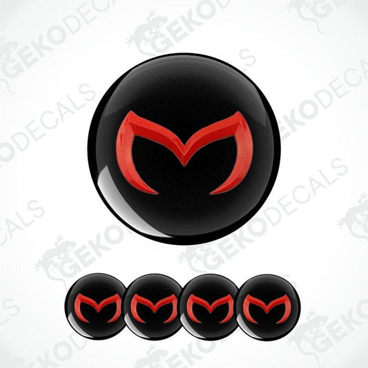 Set of four black and red Mazda car wheel decals and one emblem decal.