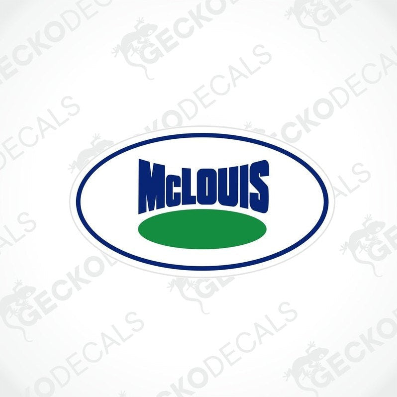 A die cut sticker with the text 'McLouis' printed inside an oval shape, predominantly white and blue in color.