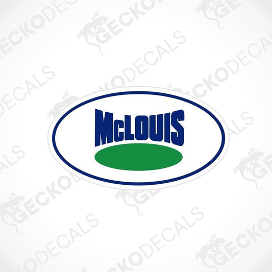 A die cut sticker with the text 'McLouis' printed inside an oval shape, predominantly white and blue in color.