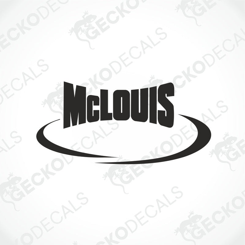A black die cut sticker with the brand name 'MCLOUIS' written in white.