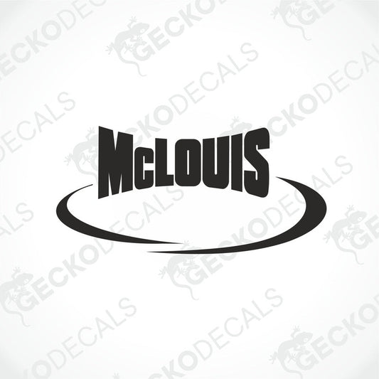 A black die cut sticker with the brand name 'MCLOUIS' written in white.