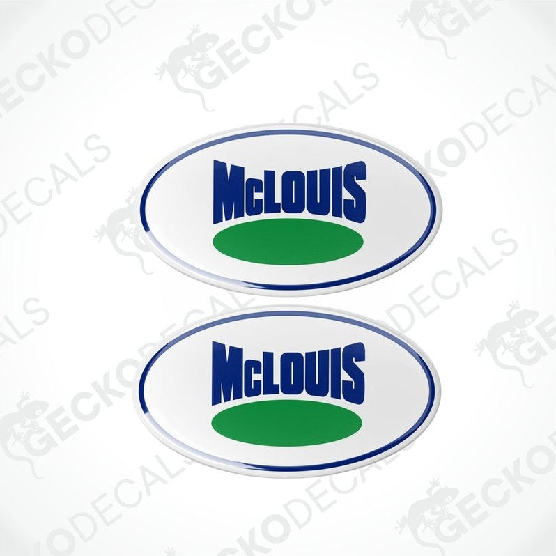 Two round decals with a white background, blue text 'McLOUIS', and a green and white logo on a Gecko Decals branded background.
