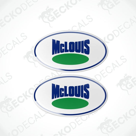 Two round decals with a white background, blue text 'McLOUIS', and a green and white logo on a Gecko Decals branded background.