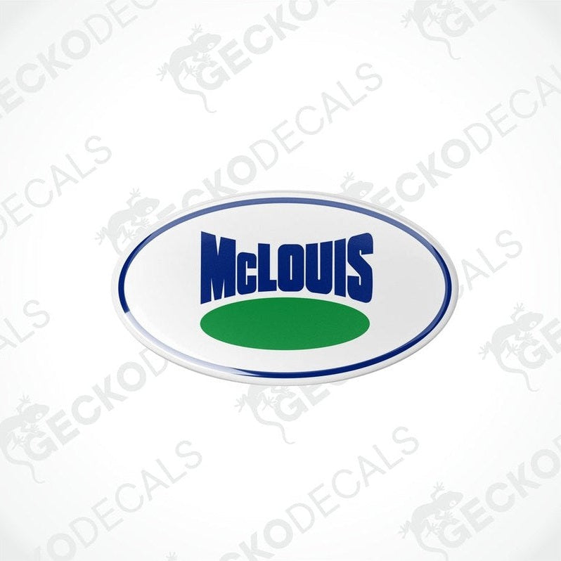 Two round decals with a white background, blue text 'McLOUIS', and a green and white logo on a Gecko Decals branded background.