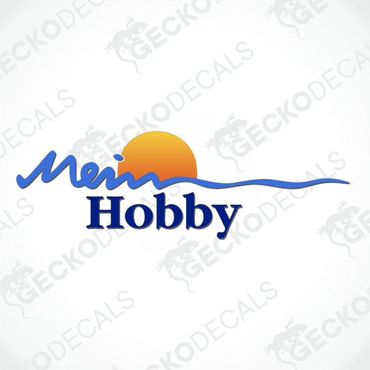 A decal with a blue and orange design featuring the text 'MEIN HOBBY'.