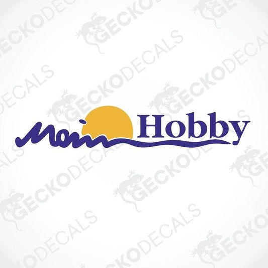 A die cut sticker with the text 'Mein Hobby' and a graphic of a sun rising or setting over water.