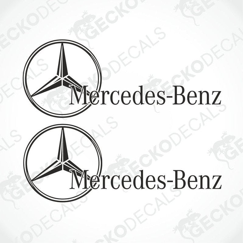 Two black and white die cut stickers with the mercedes-benz logo.