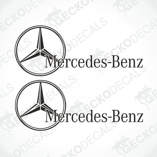 Two black and white die cut stickers with the mercedes-benz logo.