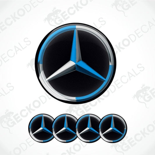 A three-dimensional Mercedes-Benz logo in white and blue with black shading, set against a black background.